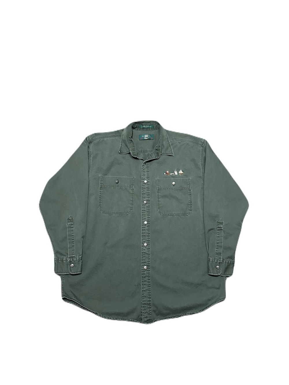 Vintage ORVIS Men's Green Button Up Fly Fishing Military Shirt Size Large 90s